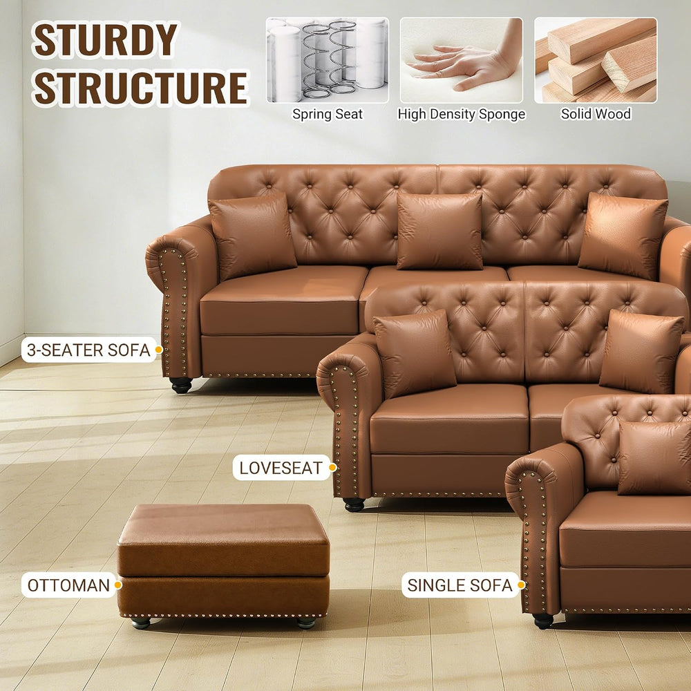 KEIKI 2-Piece Chesterfield Sofa Set with 1 Faux Leather 3-Seater Sofa & 1...