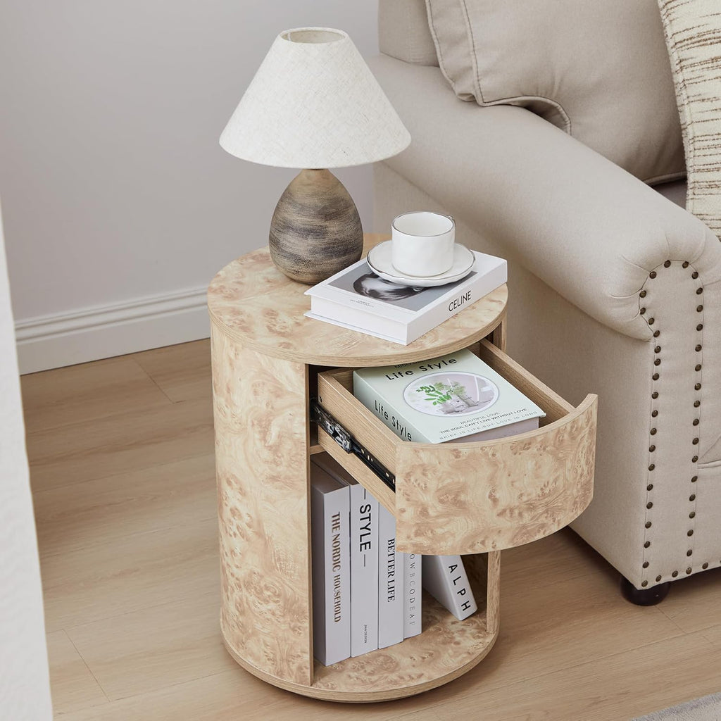 Side Table with Drawer, Round Bedside Table with Open Shelf, Farmhouse Burl Wood Nightstand Accent Table for Living Room, Bedroom (Natural, 1-Pack)