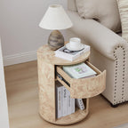 Side Table with Drawer, Round Bedside Table with Open Shelf, Farmhouse Burl Wood Nightstand Accent Table for Living Room, Bedroom (Natural, 1-Pack)