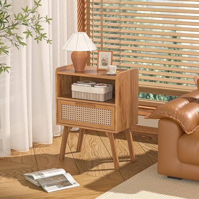 Lerliuo Rattan Nightstand, Side Table with Drawer Open Shelf, Cane Accent Bedside End Table with Solid Wood Legs, Mid Century Modern Night Stand for Bedroom, Dorm and Small Spaces (Tea Brown)