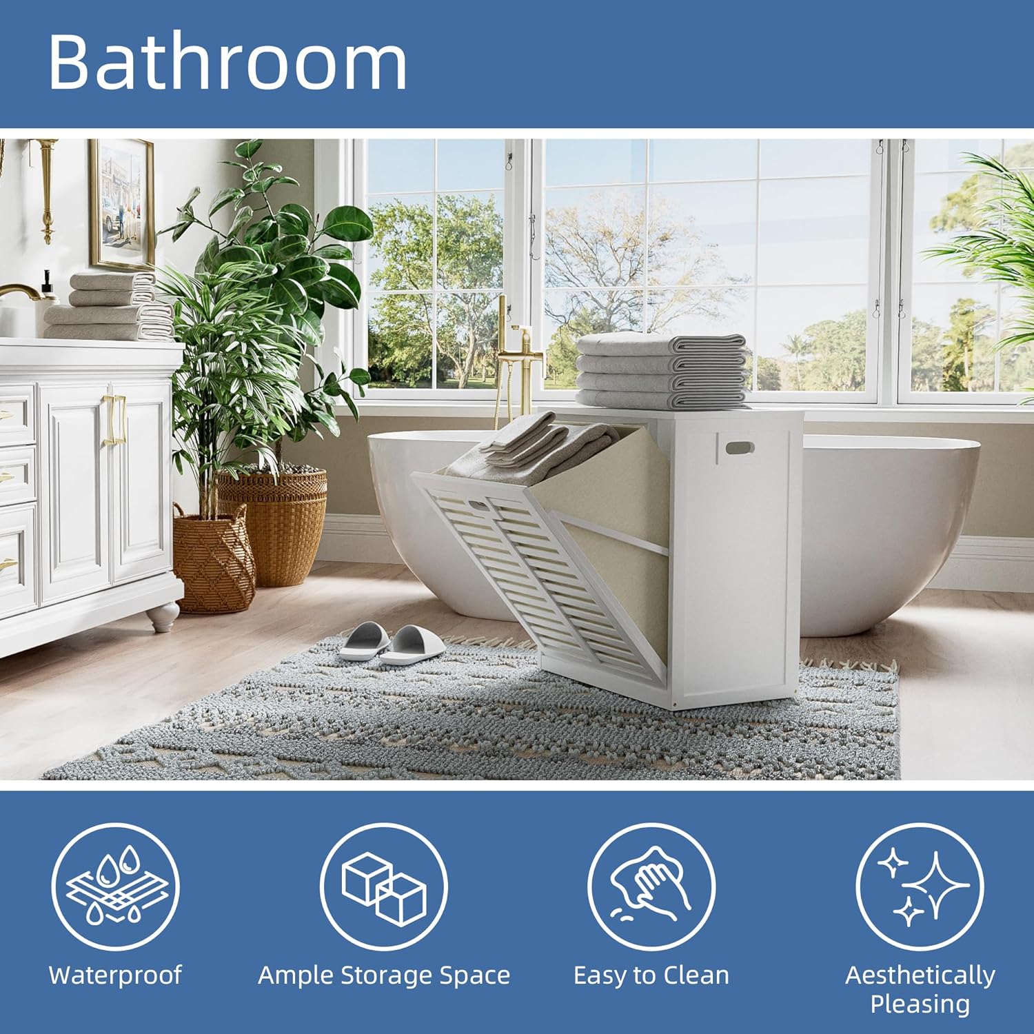 HITNET Tilt Out Laundry Hamper Cabinet, Bathroom Laundry Cabinet with 16 Gallon Clothes Basket, Space Saving Freestanding Bamboo Storage Organizer for Towels and Toys, White