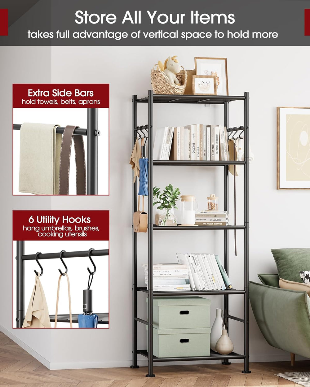 Sakugi Storage Shelves - 5-Tier Large Capacity Shelf Organizer with Hooks, He...