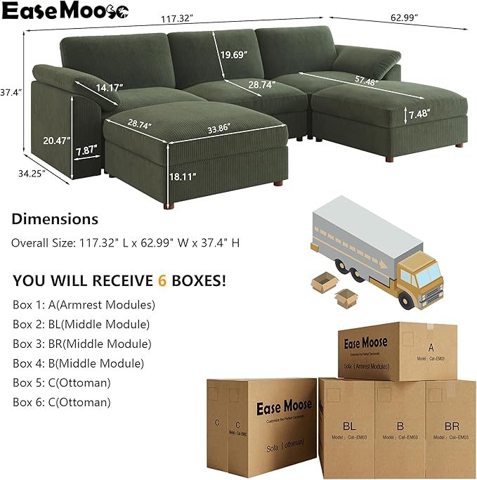 EASE MOOSE Sectional Modular Sofa,FSC Certified Oversized U Shape Sectional Couch Wide Deep seat Sectional Sofa,Green