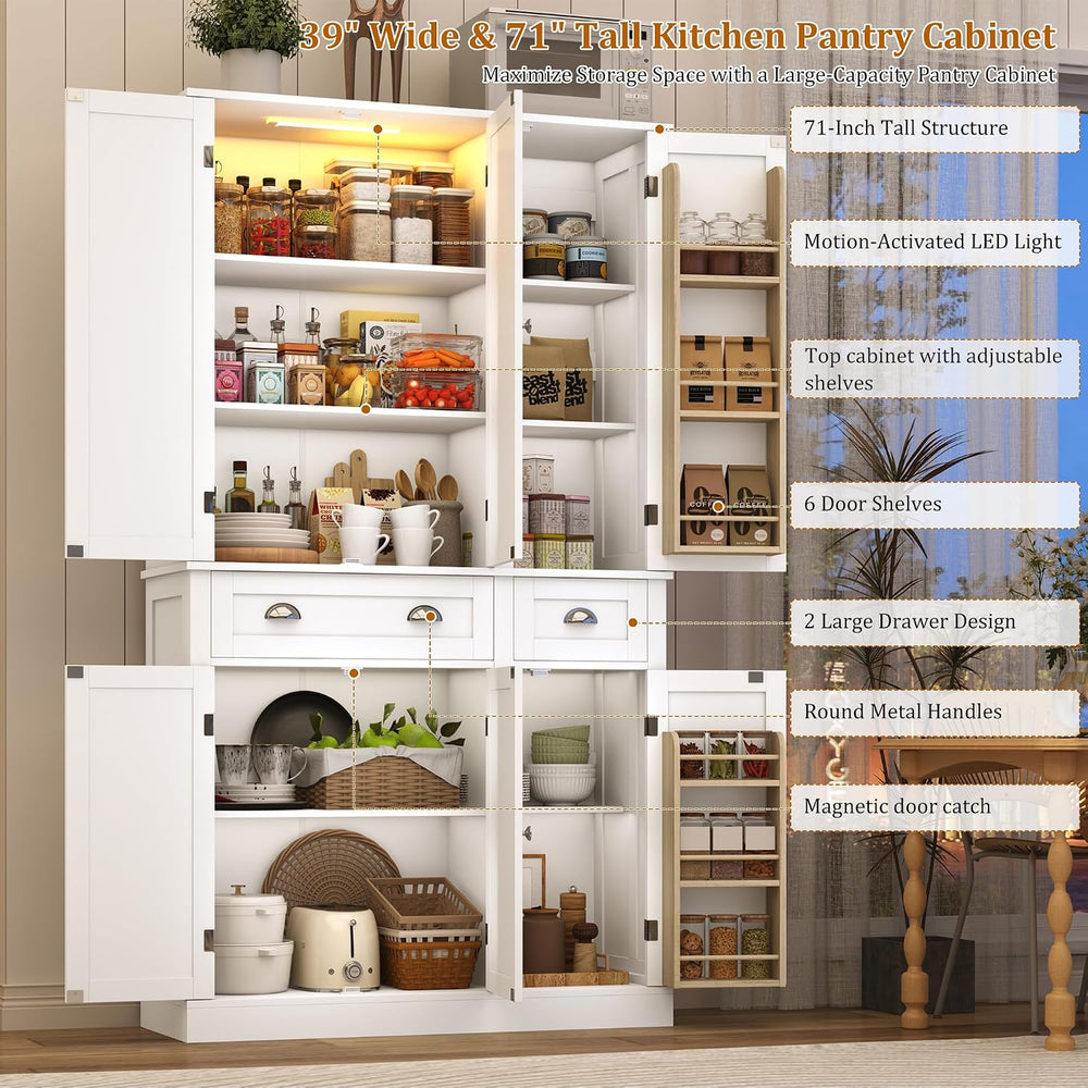 71"H Tall Kitchen Pantry Cabinet with LED Lights,39"W Modern Large ...