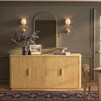 win2win 63" Fluted Sideboard Buffet Cabinet with Storage, Modern Credenza with Faux Marble Top, Curved Corners, Wood Boho Media TV Console Accent Cabinet for Living Room Kitchen Hallway, Oak