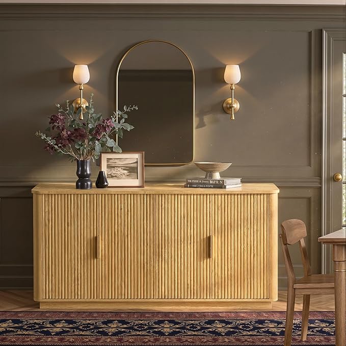 win2win 63" Fluted Sideboard Buffet Cabinet with Storage, Modern Credenza with Faux Marble Top, Curved Corners, Wood Boho Media TV Console Accent Cabinet for Living Room Kitchen Hallway, Oak