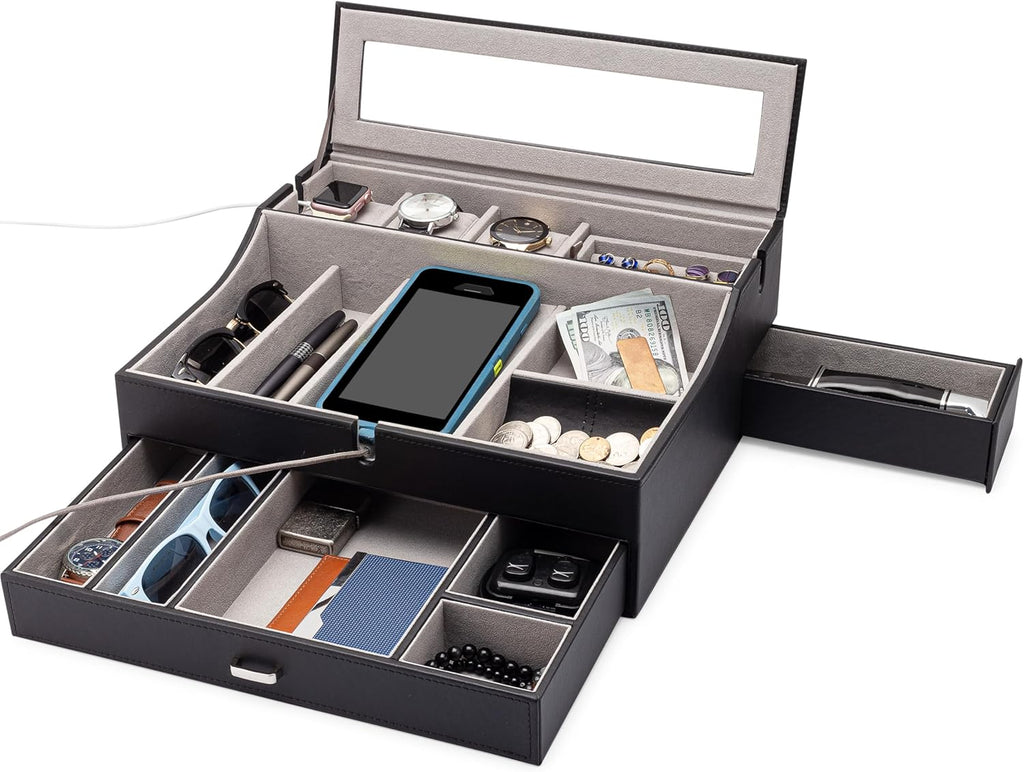 Mens Valet Box Organizer, Large Leather Valet Tray for Men, Mens Valet Tray Organizer with Charging Station, Mens Jewelry Box Organizer for EDC Valet Mens Accessories, Nightstand Bedside Dresser Top