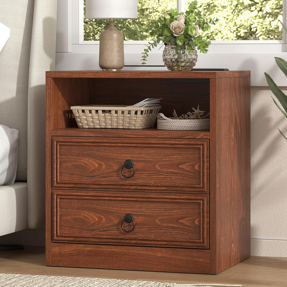 VVFLU Farmhouse Nightstand with Charging Station, 21.7" Wide End Table w...