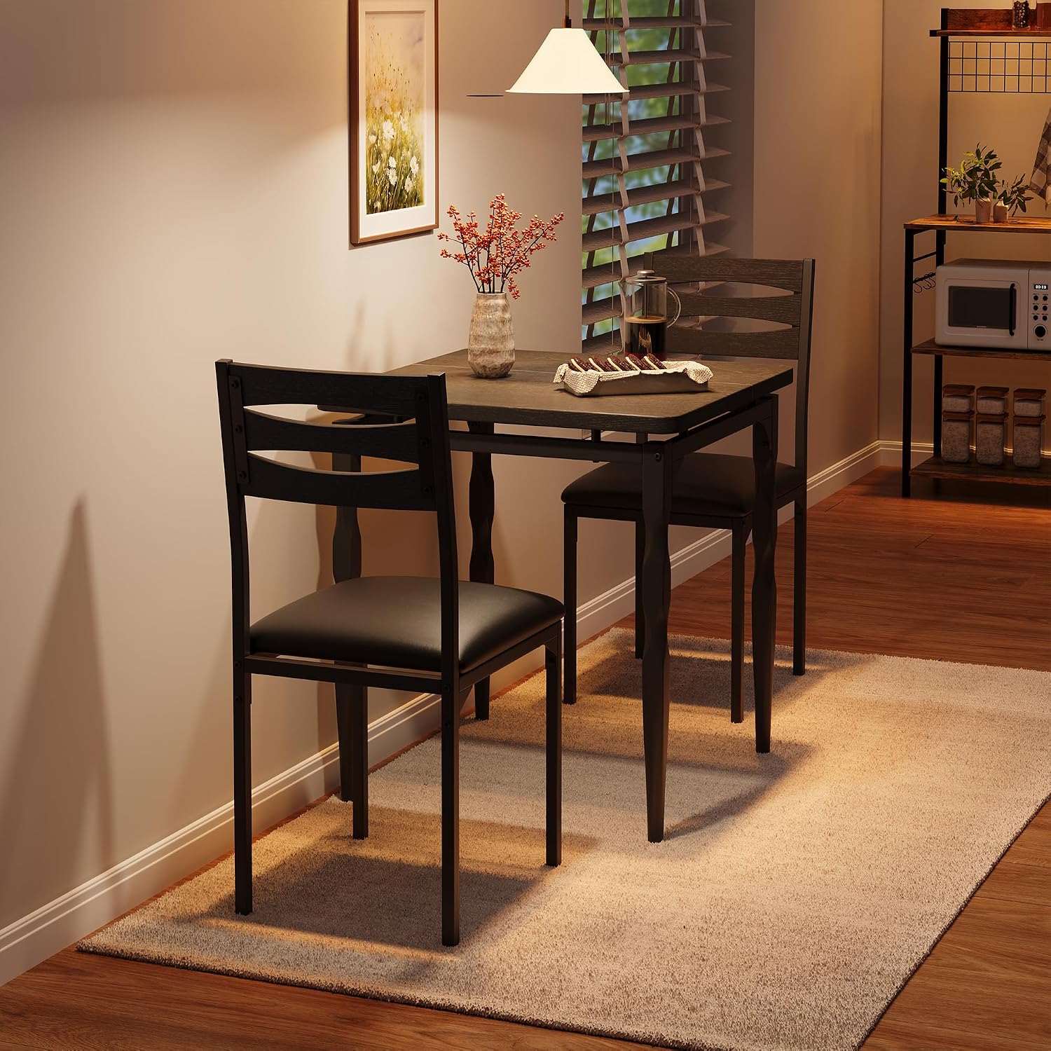 GarveeHome 3 Piece Dining Table Set, Kitchen Table Set for 2, Black | Dining Table and Chairs Set of 2, With Spiral Table Legs, Suitable for Small Spaces, Kitchen, Apartment