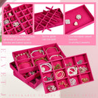 Junkin 12 Pcs Jewelry Tray Velvet Stackable Jewelry Organizer Trays Divided Earring Accessories Storage Containers Box (Rose Red)