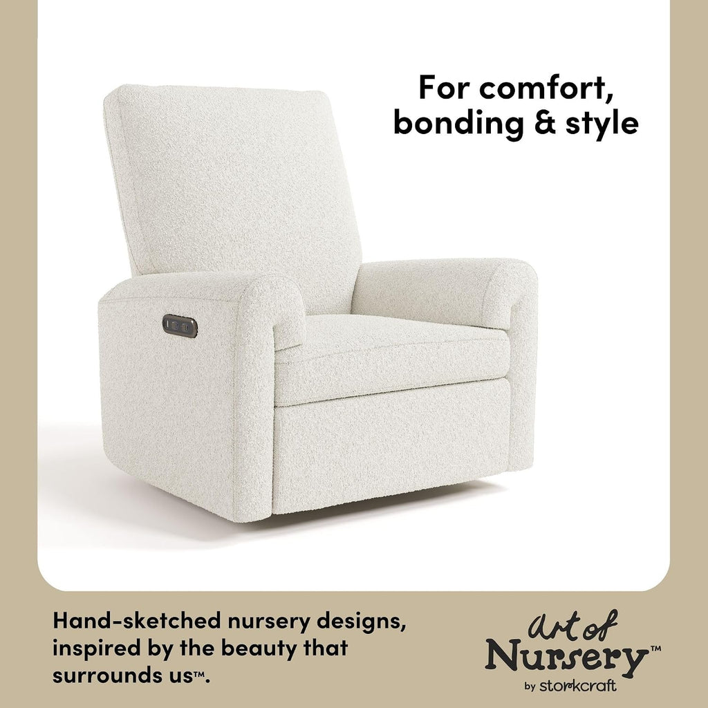 Storkcraft Sorrento Deluxe Power Recliner Swivel Glider, Ivory Boucle | Premium Electronic Nursery Rocking Chair, OEKO-TEX 100 Certified, Includes Dual-USB Charging Port with USB-A & USB-C