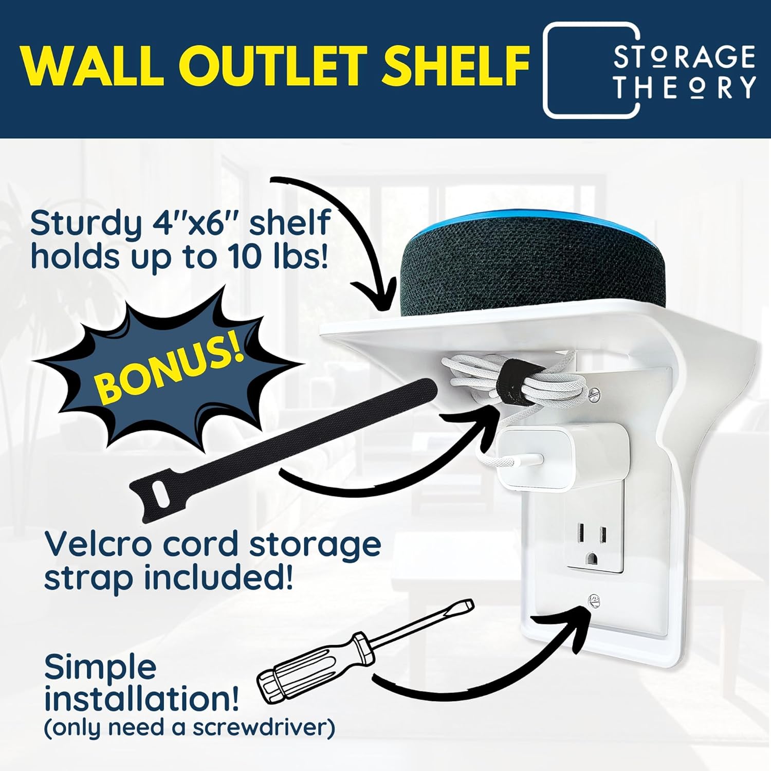 Power Perch Wall Outlet Shelf with Cord Storage Strap - Declutter & Reclaim Bathroom Counter Space - Alexa Stand, Apple Homepod Shelf, Toothbrush Holders Wall Mounted - White, 2-Pack