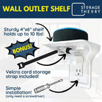 BeraTek Power Perch Wall Outlet Shelf with Cord Storage Strap - Declutter & Reclaim Bathroom Counter Space - Echo Dot Stand, Homepod Mini Wall Mount, Smart Home Devices Organizer - White, 2-Pack
