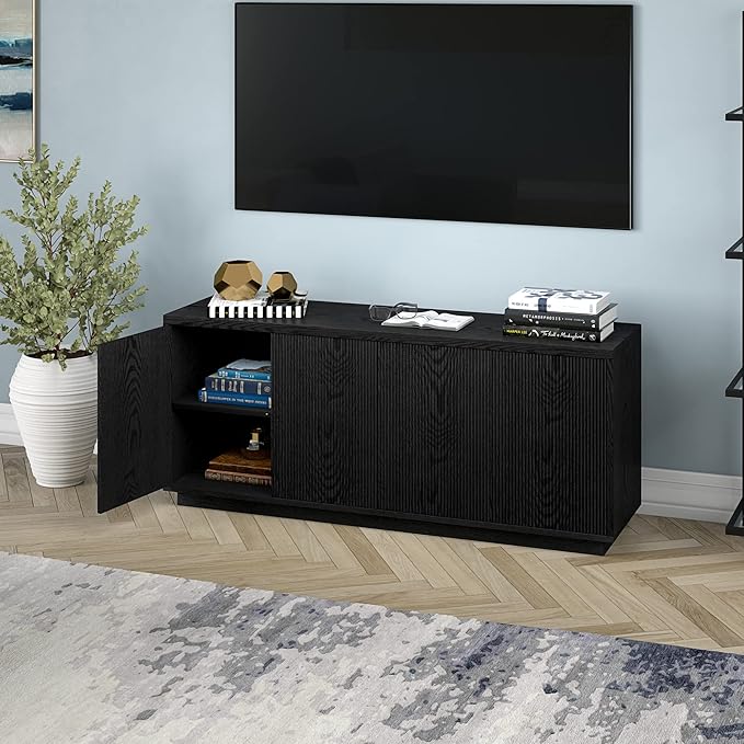 Henn&Hart Fluted TV Stand for TVs up to 65" with 2 Concealed Ribbed Storage Cabinets and Adjustable Shelves for Living Room, Family Room, or Office, Natural Black