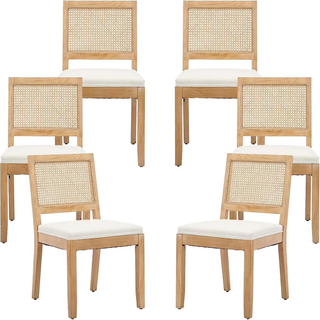 French Country Dining Chairs Set of 6, Beige Modern Kitchen & Dining Room Chairs, Rattan Dining Chair with Linen Upholstered Cushion, Low Cane Back, Wood Legs, Sillas de Comedor (Beige, 6 Pcs)