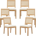 French Country Dining Chairs Set of 6, Beige Modern Kitchen & Dining Room Chairs, Rattan Dining Chair with Linen Upholstered Cushion, Low Cane Back, Wood Legs, Sillas de Comedor (Beige, 6 Pcs)