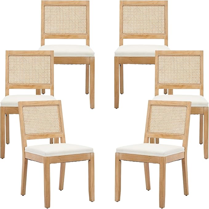 French Country Dining Chairs Set of 6, Cream Kitchen & Dining Room Chairs Set of 6, Ivory Rattan Dining Chairs, Cane Low Back, Wood Legs, Sillas De Comedor (Rattan, Beige, 6Pcs)
