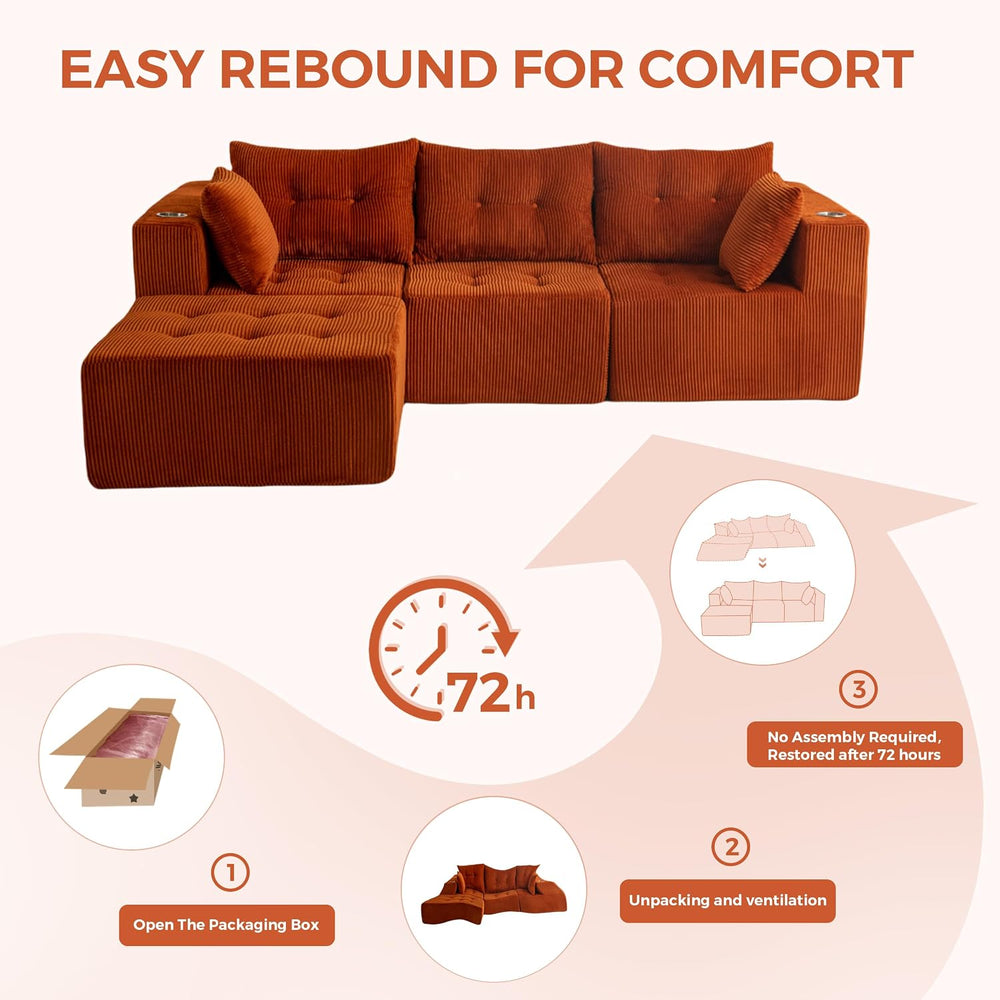 MAXYOYO Couch, L-Shaped Modular Cloud Couch, 4-Seat Sofa, Ottoman | Orange Tu...