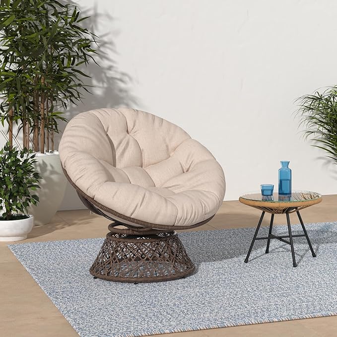 Bme 40" Ergonomic Wicker Papasan Chair with Soft Thick Density Fabric Cushion, High Capacity Steel Frame, 360 Degree Swivel for Living, Bedroom, Reading Room, Lounge, Sepia Sand - Brown Base