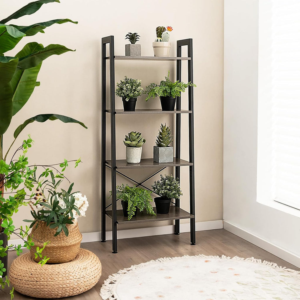 Giantex Ladder Shelf 4-Tier Industrial Bookshelf Storage Rack Shelves for Home and Office Use, Wooden Display Rack with Metal Frame (Gray)