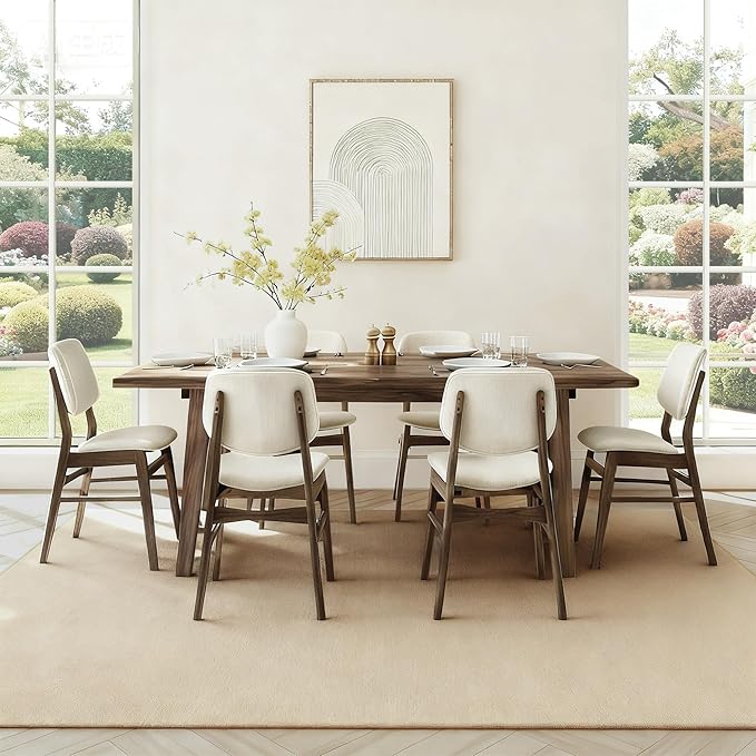 Wooden Dining Chairs Set of 6, Upholstered Modern Dining Room Chairs, Mid Century Solid Oak Wood Kitchen Chairs for Living Room, Restaurant, Farmhouse (Cream Fabric & Walnut Color)