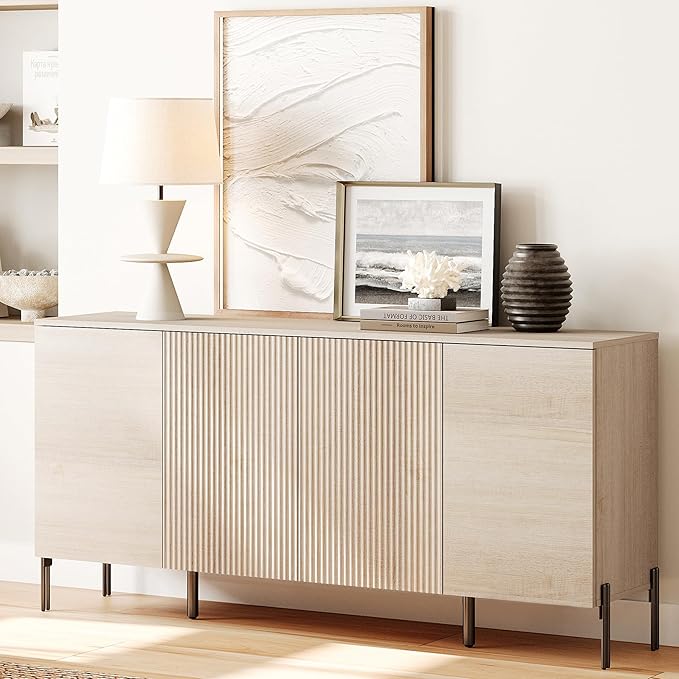 WAMPAT 61.6" TV Stand Cabinets for TVs up to 70 Inches, Entertainment Center with Storage Cabinets and 4 Doors, Mid Century Modern Media TV Console Table for Living Room Bedroom,Beige