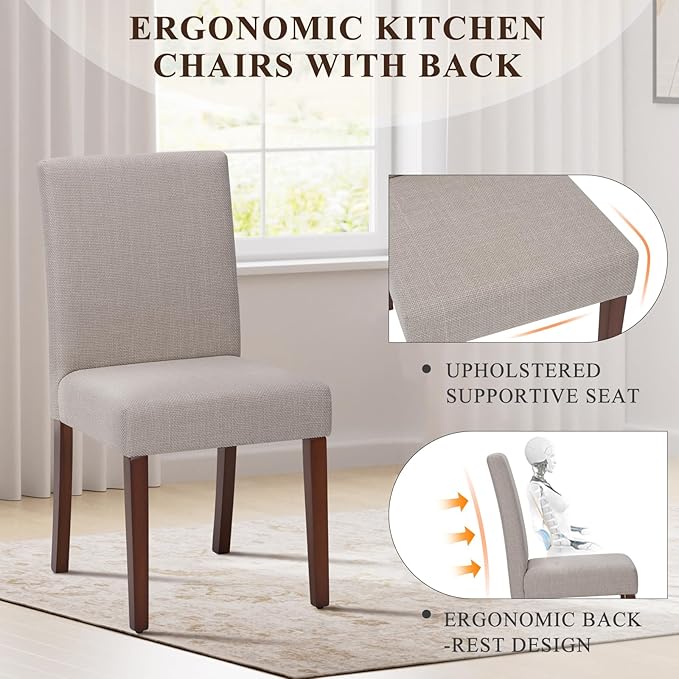 Upholstered Parsons Dining Chairs Set of 2, Modern Dining Room Chairs with Back, Fabric Kitchen Side Chairs with Wood Legs for Dinner Farmhouse Restaurant, Brown