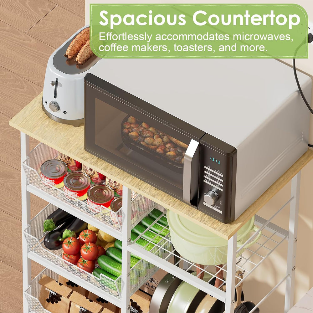 Rolling Kitchen Microwave Organizer Cart, Adjustable Shelves, White | Kitchen...