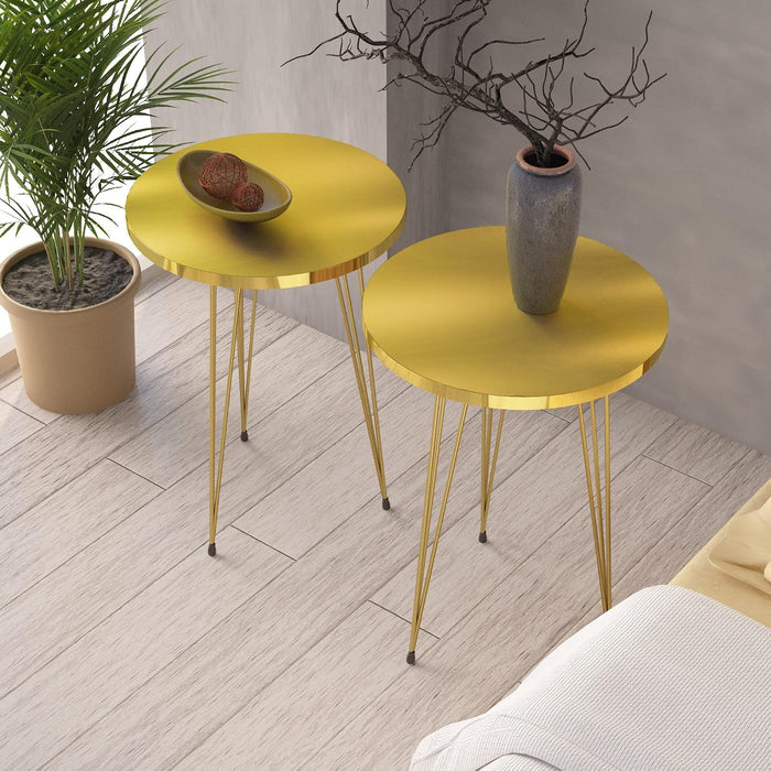 Set of 2 High Gloss Gold End Tables Round Wood Sofa Side Coffee Tables for Small Spaces, Nightstand Bedside Table with Metal Legs for Bedroom, Living Room, Office, Balcony