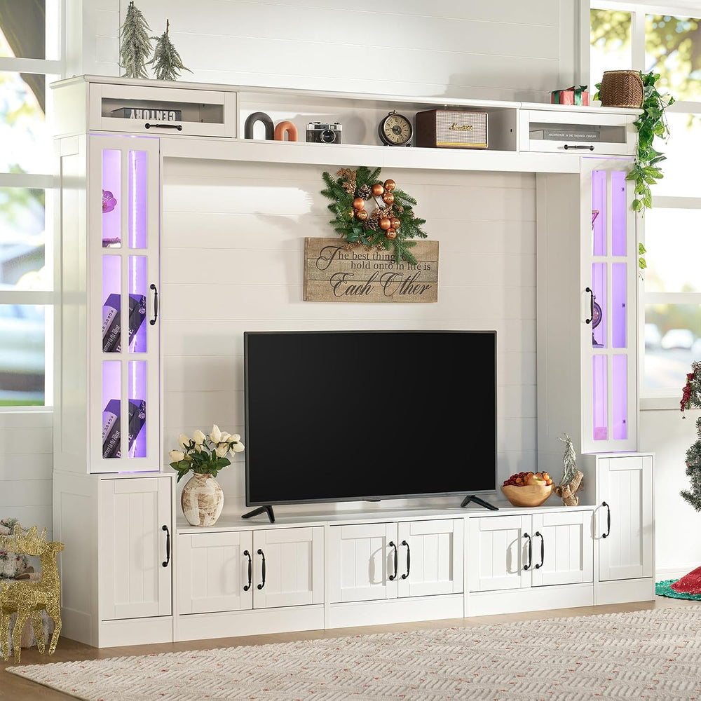 LUXOAK 98" Wide Wall Unit TV Stand with Storage Bookshelves & LED Li...