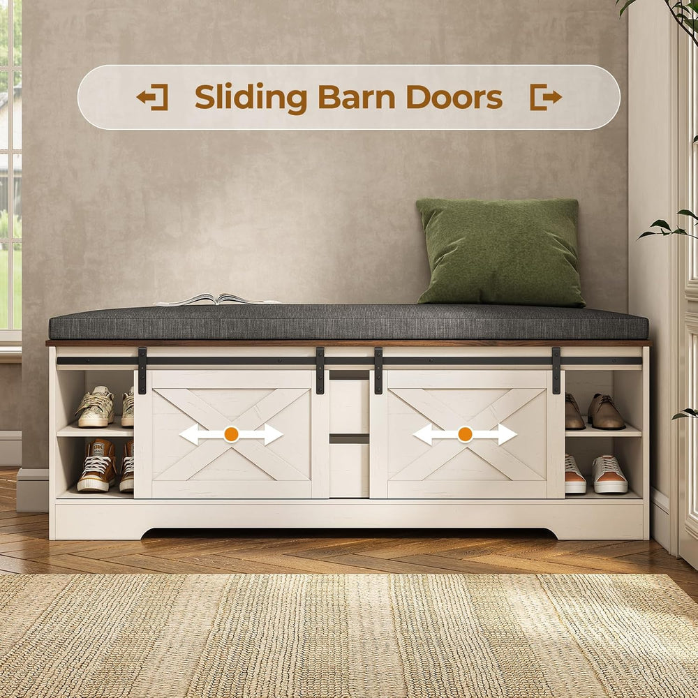 UPOSOJA 60“ Farmhouse Storage Bench with Cushion, Shoe Rack with Slide Barn D...