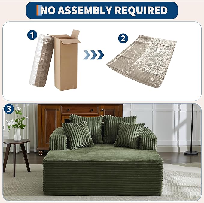 54.3"W Oversized Chaise Lounge Chair Indoor, Boneless Corduroy Sleeper Sofa Bed with 4 Pillows, Armrests, Comfy Fluffy Reading Couch, No Assembly Required Cloud Sofa for Living Room, Bedroom, Office