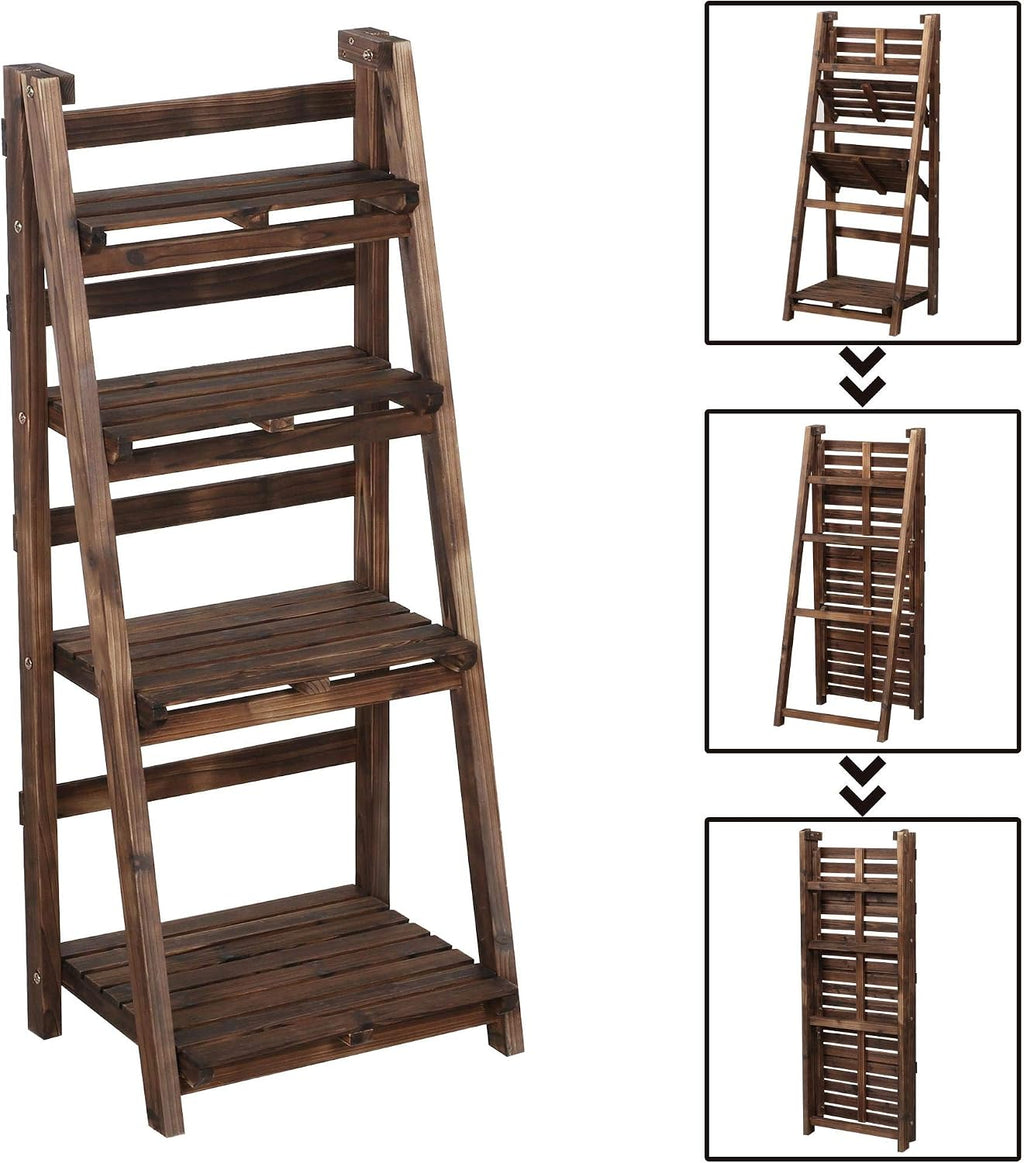 Yaheetech 4-Tier Foldable Shelf, Wood Ladder Shelf for Living Room Storage | Collapsible Wood Ladder Stand with Decorative Wall-Leaning Folding Shelves for Living Room, Bedroom, Balcony and Home Office.