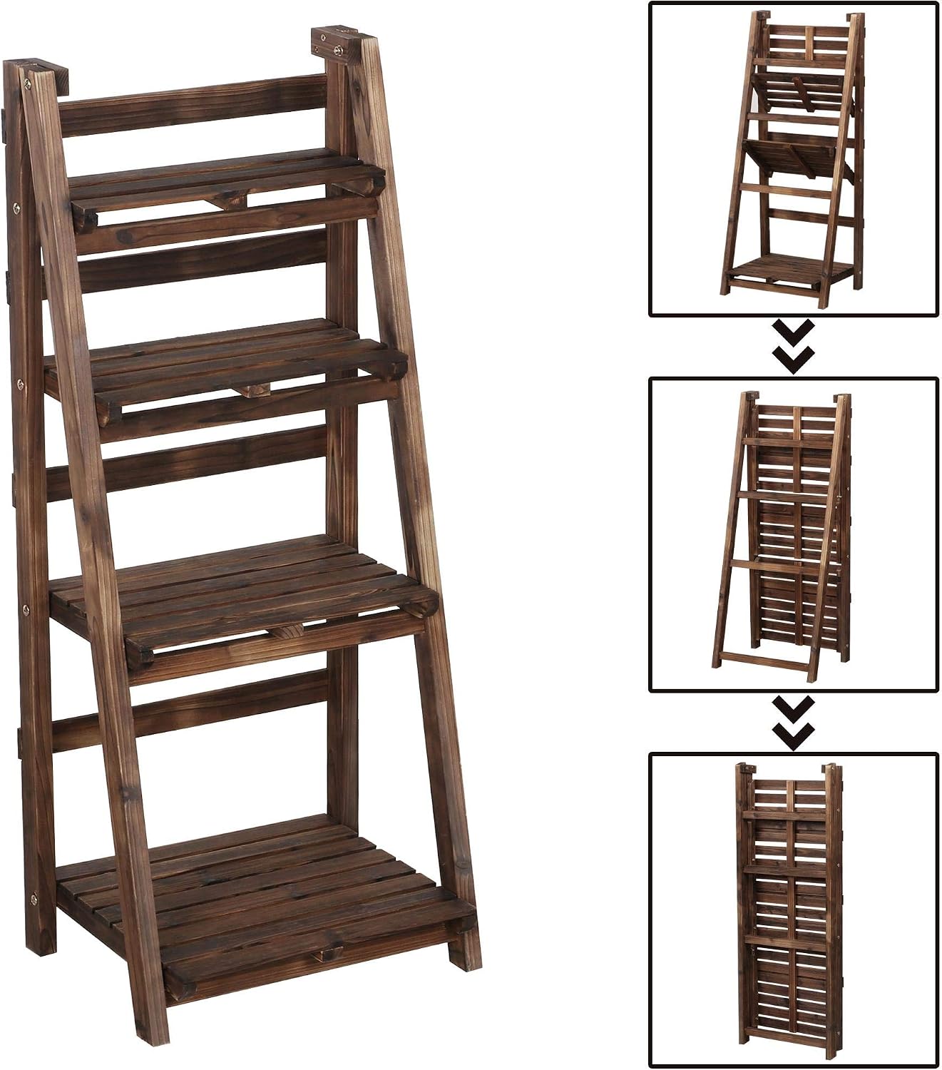 Yaheetech 4-Tier Foldable Shelf, Wood Ladder Shelf for Living Room Storage | Collapsible Wood Ladder Stand with Decorative Wall-Leaning Folding Shelves for Living Room, Bedroom, Balcony and Home Office.