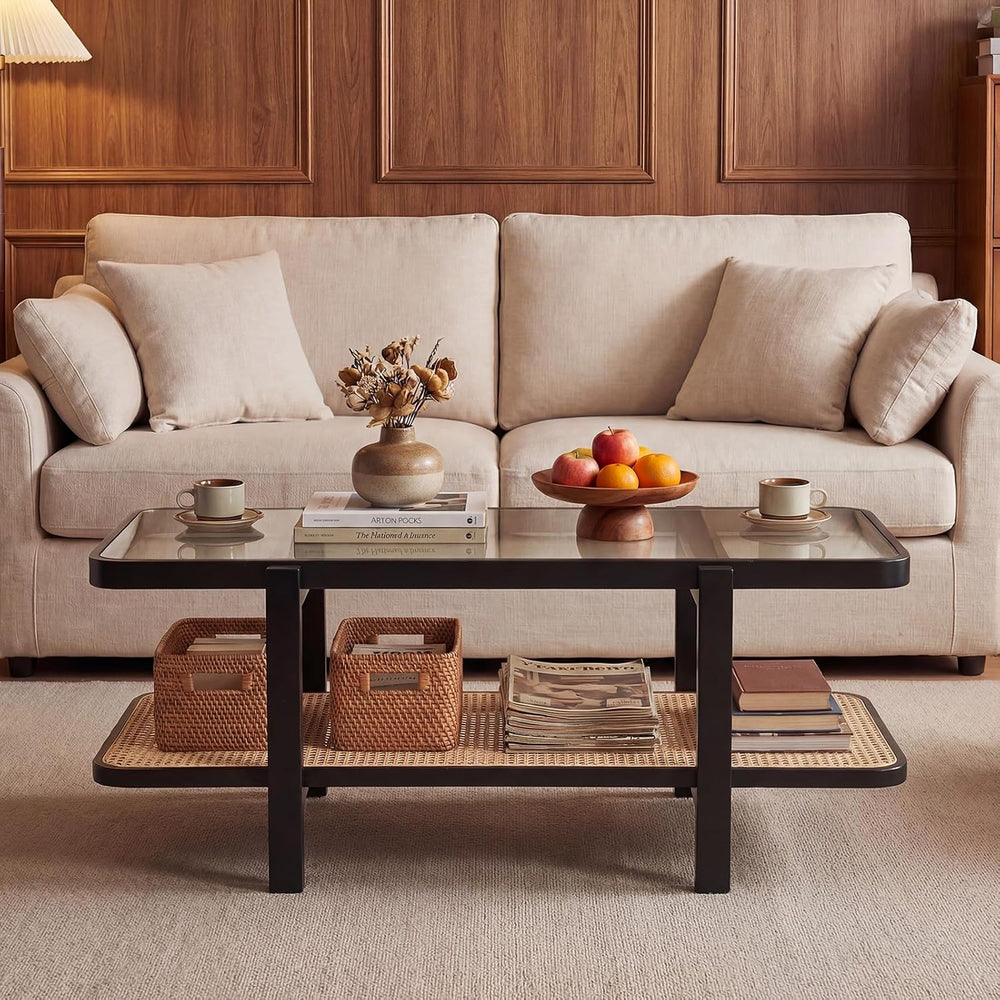 GOFLAME Rattan Coffee Table, 47.5” Solid Wood Center Table with Tempered Glas...
