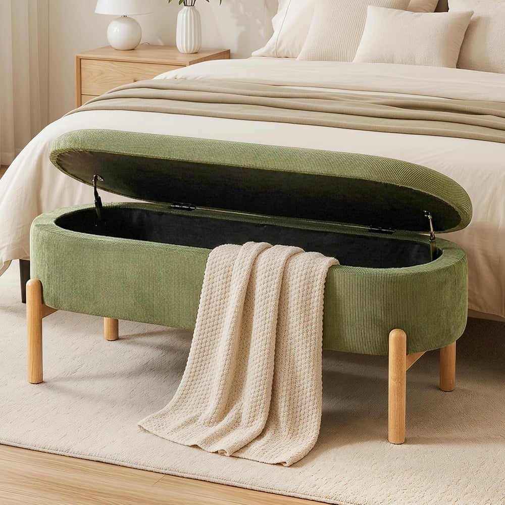 Storage Bench Ottoman With Hidden Storage And Corduroy Fabric, Green | Oval U...