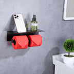 LANC Double Toilet Paper Holder with Shelf, Matte Black Commercial Roll Tissue Dispenser with Phone Shelf for Bathroom Wall Mounted or 3M Self-Adhesive Stainless Steel Storage, A8377MB