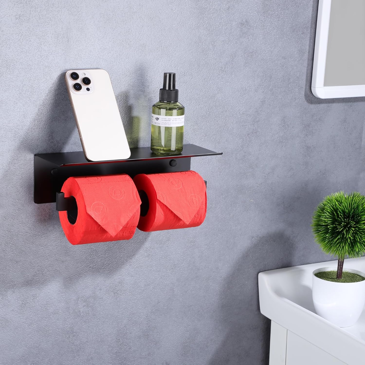 LANC Double Toilet Paper Holder with Shelf, Matte Black Commercial Roll Tissue Dispenser with Phone Shelf for Bathroom Wall Mounted or 3M Self-Adhesive Stainless Steel Storage, A8377MB