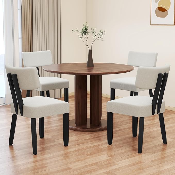 GOTMINSI Mid Century Modern Dining Chairs,Velvet Farmhouse Upholstered Kitchen Chairs, Accent Curved Backrest Dining Room Chairs with Hardwood Legs (Beige, 4PCS)