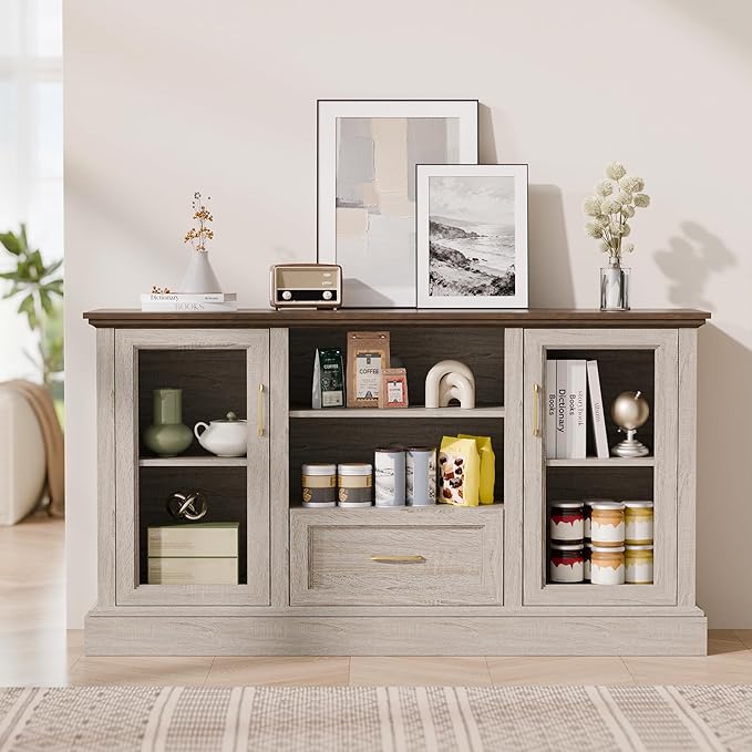 Beige Farmhouse TV Stand with Storage Cabinets and Glass Doors, Entertainment Center for 75 Inch TV, Media Console Side Storage Cabinets for Living Room