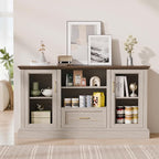 Beige Farmhouse TV Stand with Storage Cabinets and Glass Doors, Entertainment Center for 75 Inch TV, Media Console Side Storage Cabinets for Living Room