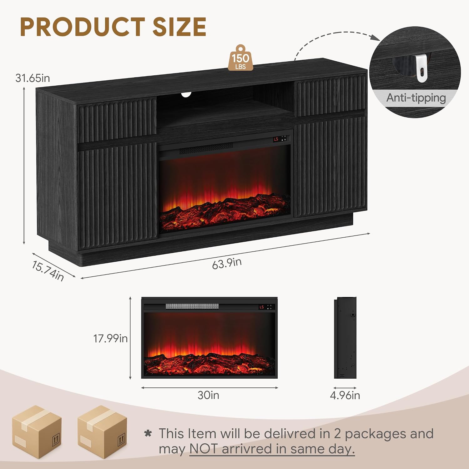 Fireplace TV Stand with 30" Electric Fireplace, Modern Fireplace Entertainment Center Fits TVs up to 70", Fluted Wood TV Console with Spacious Storage Cabinet for Living Room (Black)