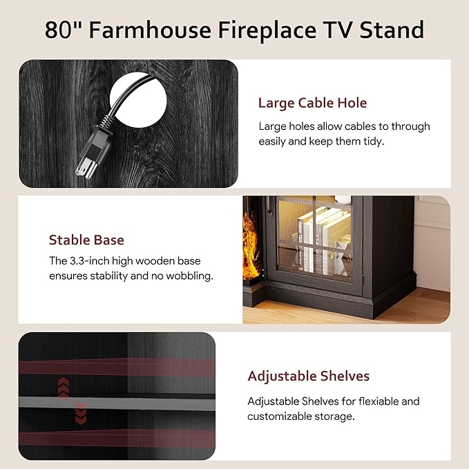 oneinmil 80'' Fireplace TV Stand with 3-Sided Glass, TV Cabinet for TVs up to 85", 80'' Modern Media Entertainment Center with Farmhouse Glass Door Storage Cabinets, Black