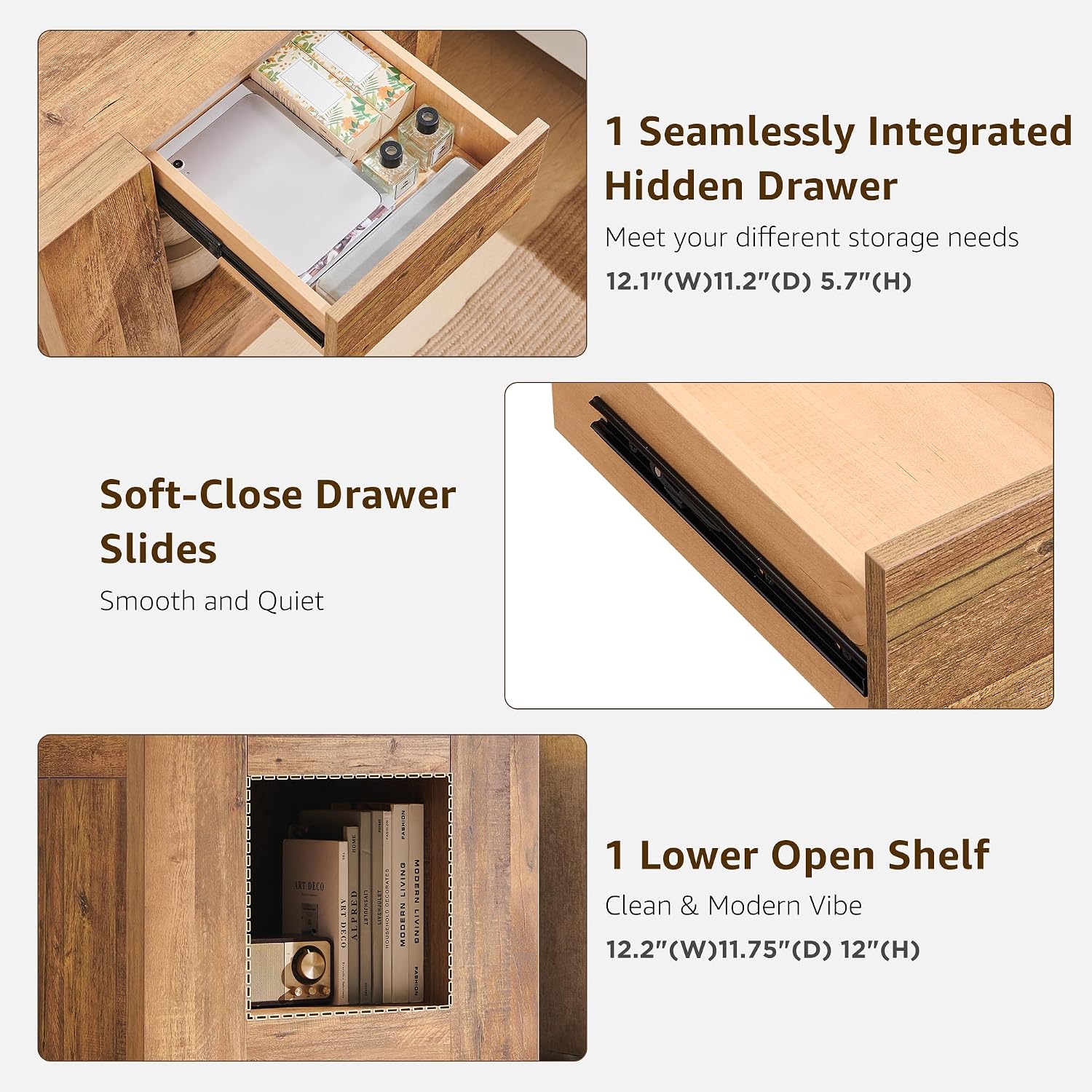 OKD 24" Modern Nightstand Set of 2 w/Drawer/Storage Shelf,Gold Rustic Brown | End Table, Wood Thick Design, Rustic Square Bedside Table w/ Charging Station