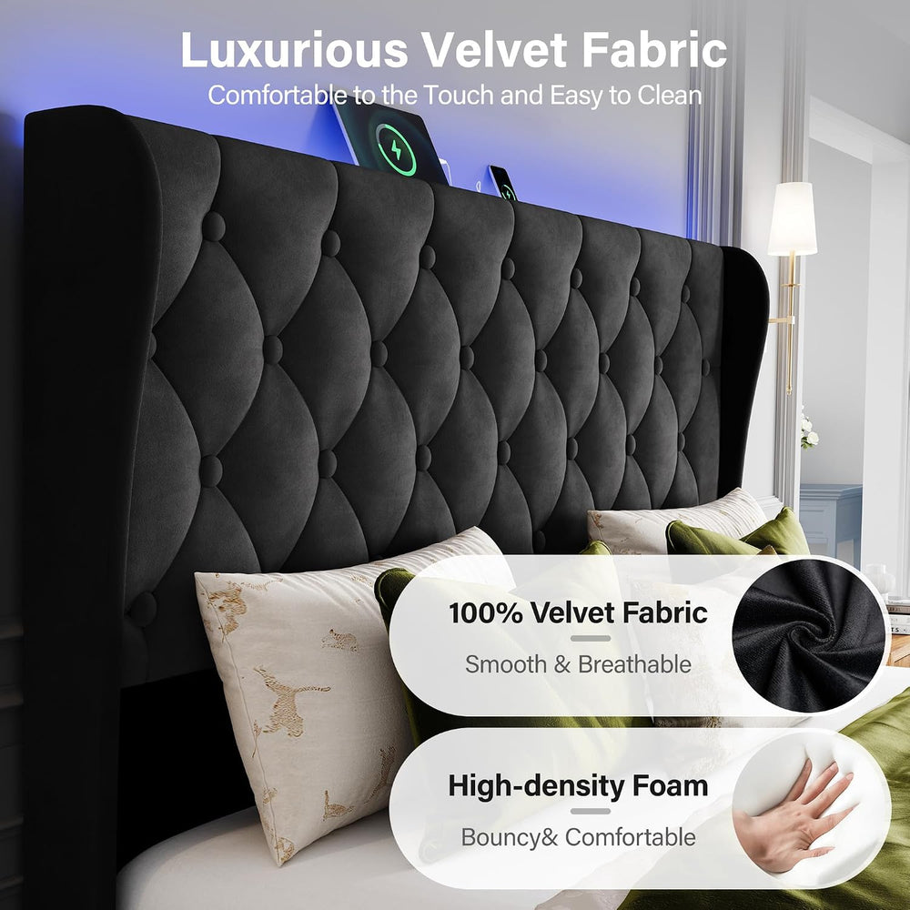 Queen Size Bed Frame with Headboard, Velvet Upholstered Bed Frame