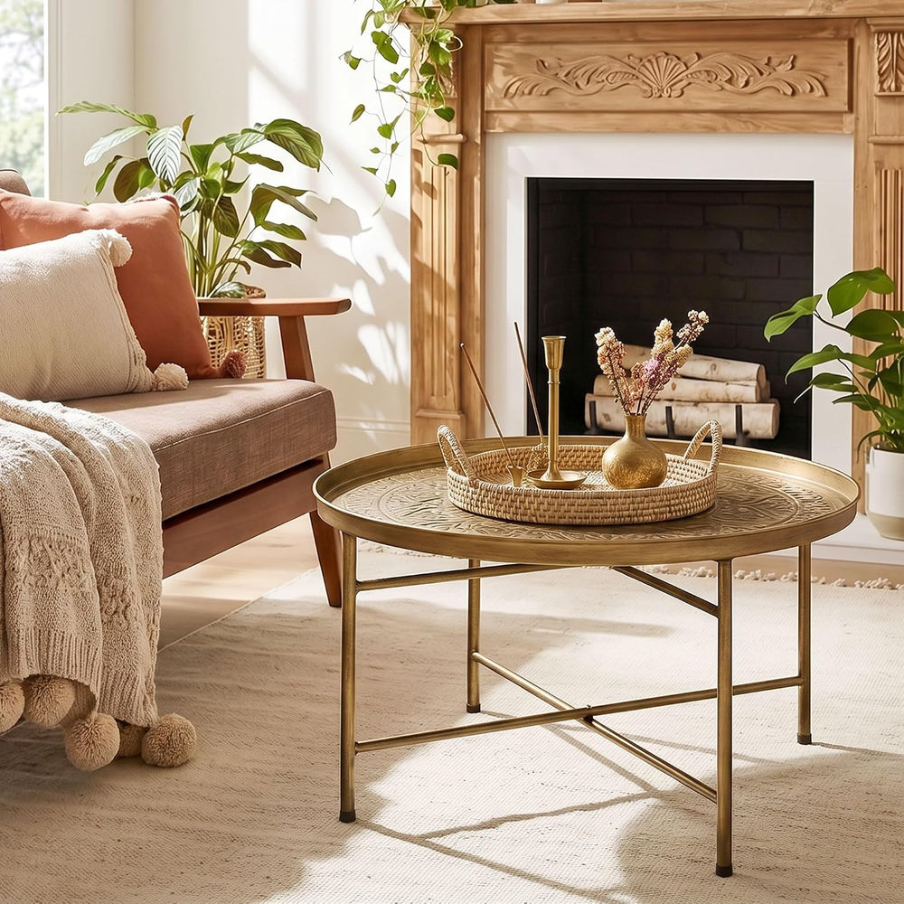 24-Inch Round Coffee Table with Hammered Tray Top and Metal Frame, Gold | Ham...