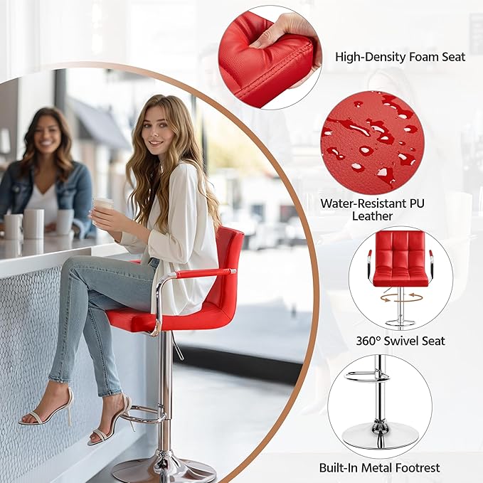 Yaheetech Bart Stools Set of 4, PU Leather Adjustable Barstools with Armrest, Counter Height Stool Chairs with Thickened Seat Cushion for Kitchen Island, Red