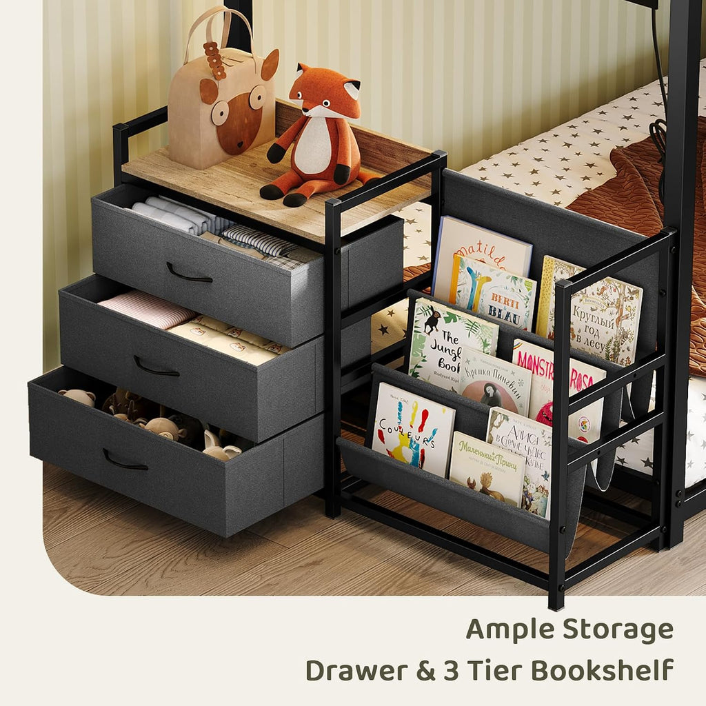 Bonnlo Bunk Bed Twin Over Twin with 3 Storage Drawers, 3 Tier Book Shelf, Bunk Bed with LED Lights, Charging Station, Inclined Ladder, Suitable for Kids & Teens, Space Saving (Black)