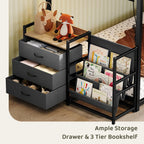 Bonnlo Bunk Bed Twin Over Twin with 3 Storage Drawers, 3 Tier Book Shelf, Bunk Bed with LED Lights, Charging Station, Inclined Ladder, Suitable for Kids & Teens, Space Saving (Black)