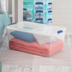 2-Pack 105 Quart Heavy Duty Plastic Storage Bins, Stackable Containers with Clear Lids & Blue Latches for Bedding, Clothing, Holiday Decor - Ideal for Garage & Closet